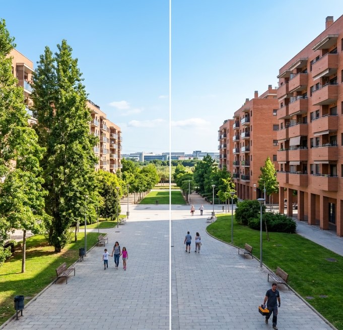 Vistas de las plazas, zonas arboladas y el entramado residencial y comercial característico de Barberà del Vallès